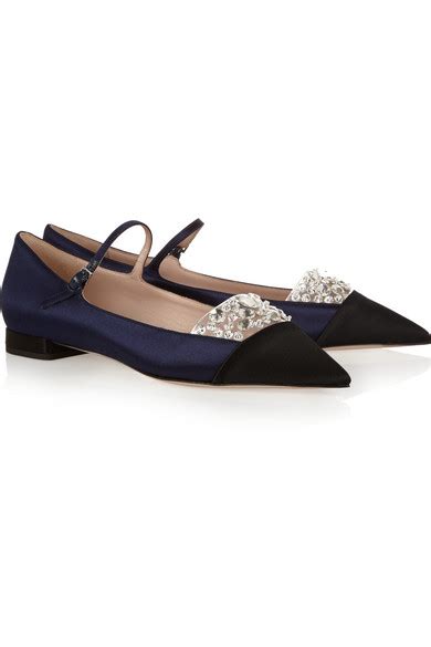 miu miu crystal-embellished satin point-toe flats